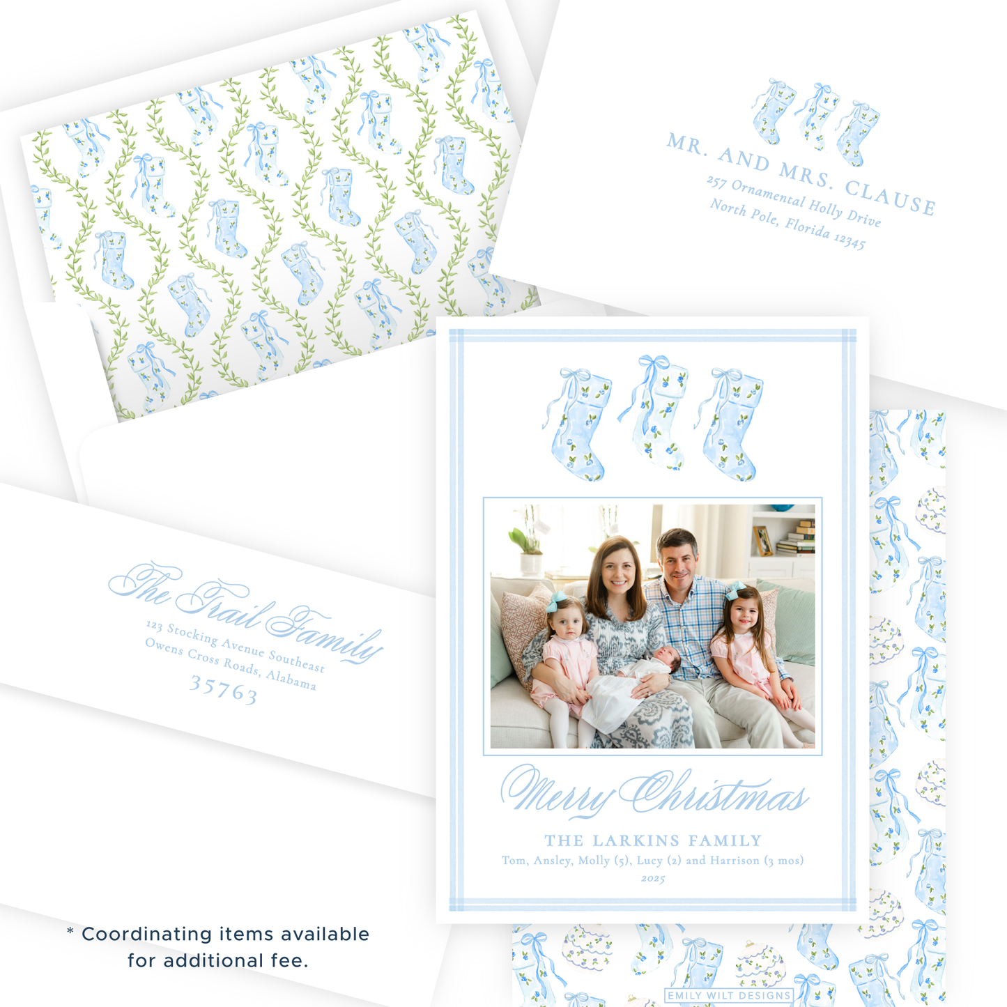 Christmas Photo Card - Delicate Stockings Trio, Blue - Portrait