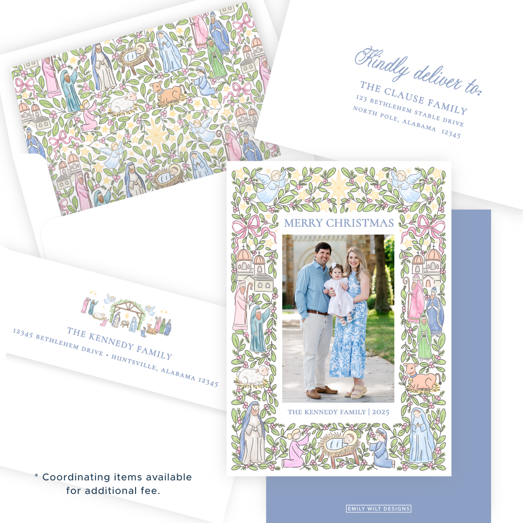 Christmas Photo Card - Festive Nativity Frame, Pastel - Portrait