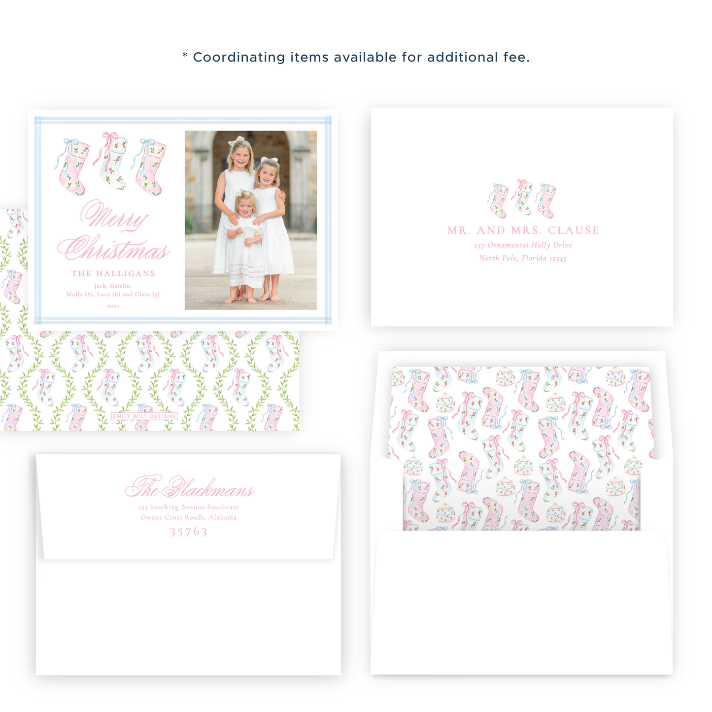 Christmas Photo Card - Delicate Stockings Trio - Landscape