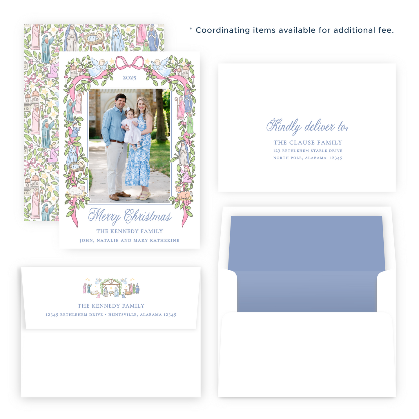 Christmas Photo Card - Festive Nativity Garland (Script, Pastel) - Portrait