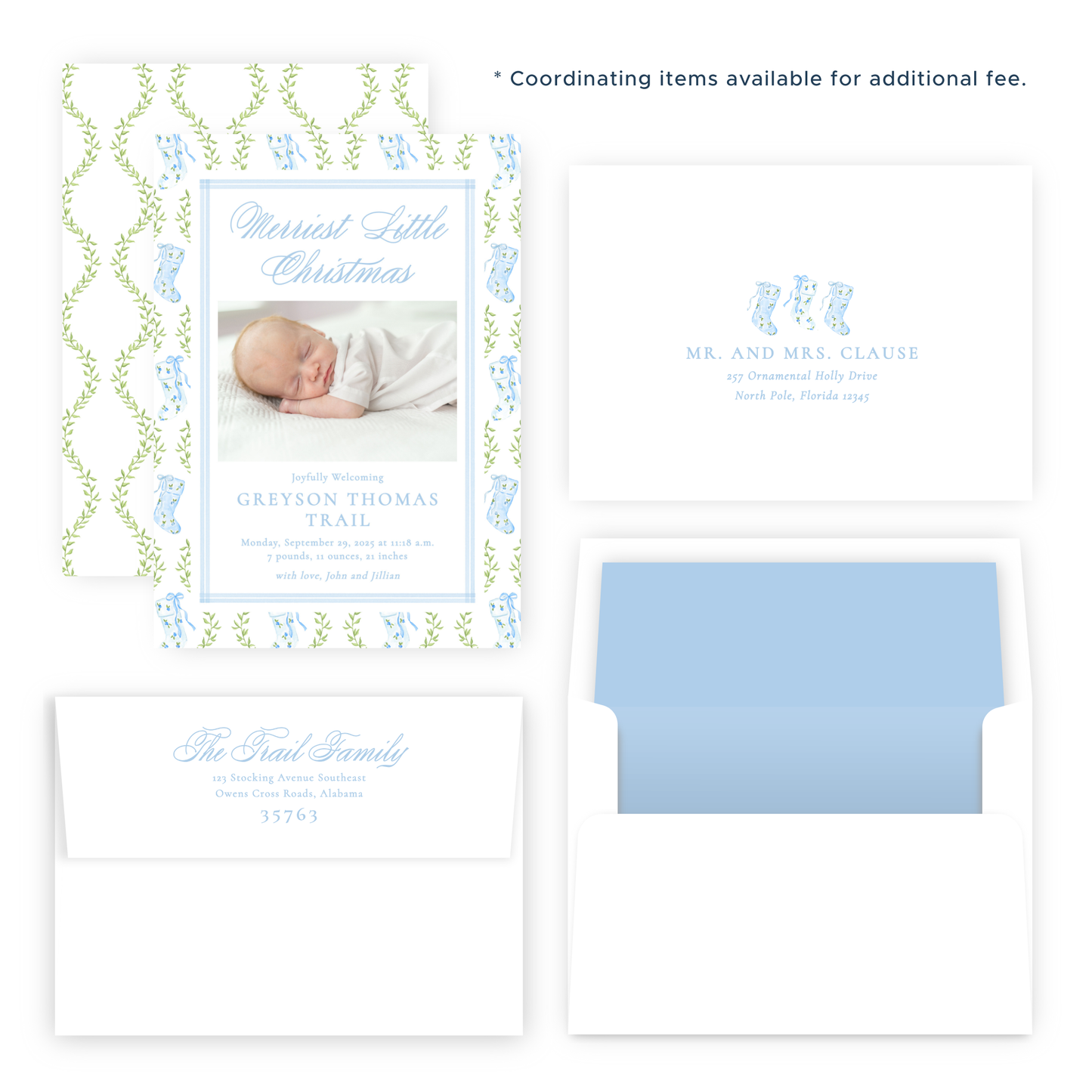 Christmas Photo Card - Delicate Stockings, Blue - Portrait - Birth Announcement