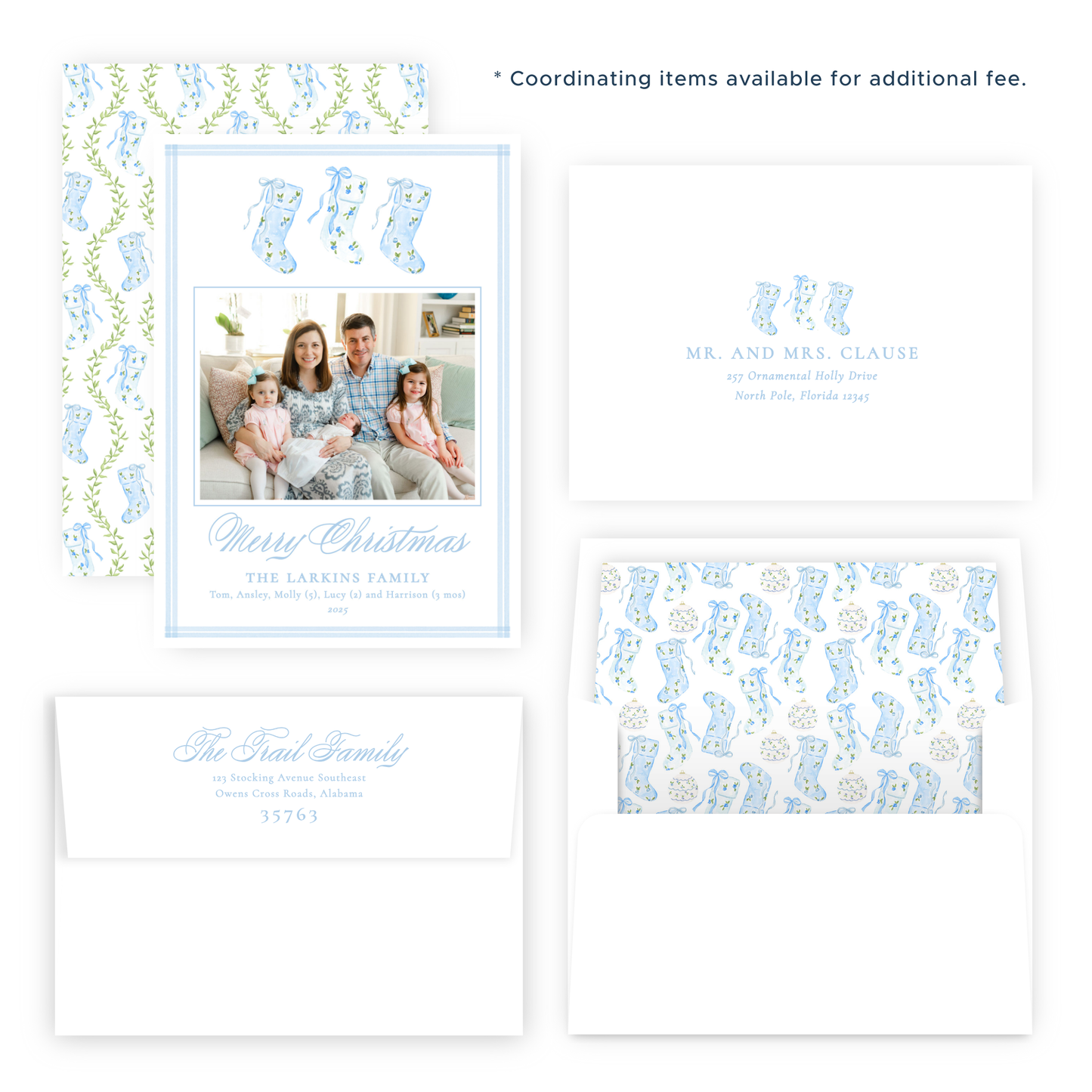 Christmas Photo Card - Delicate Stockings Trio, Blue - Portrait
