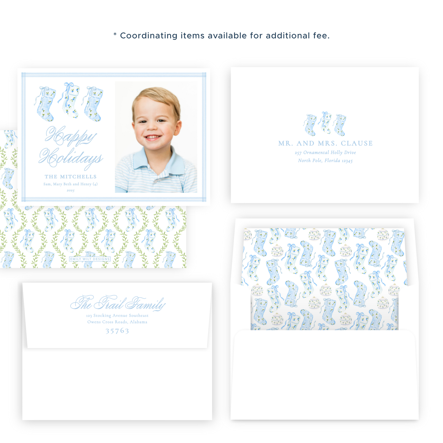 Christmas Photo Card - Delicate Stockings Trio, Blue - Landscape
