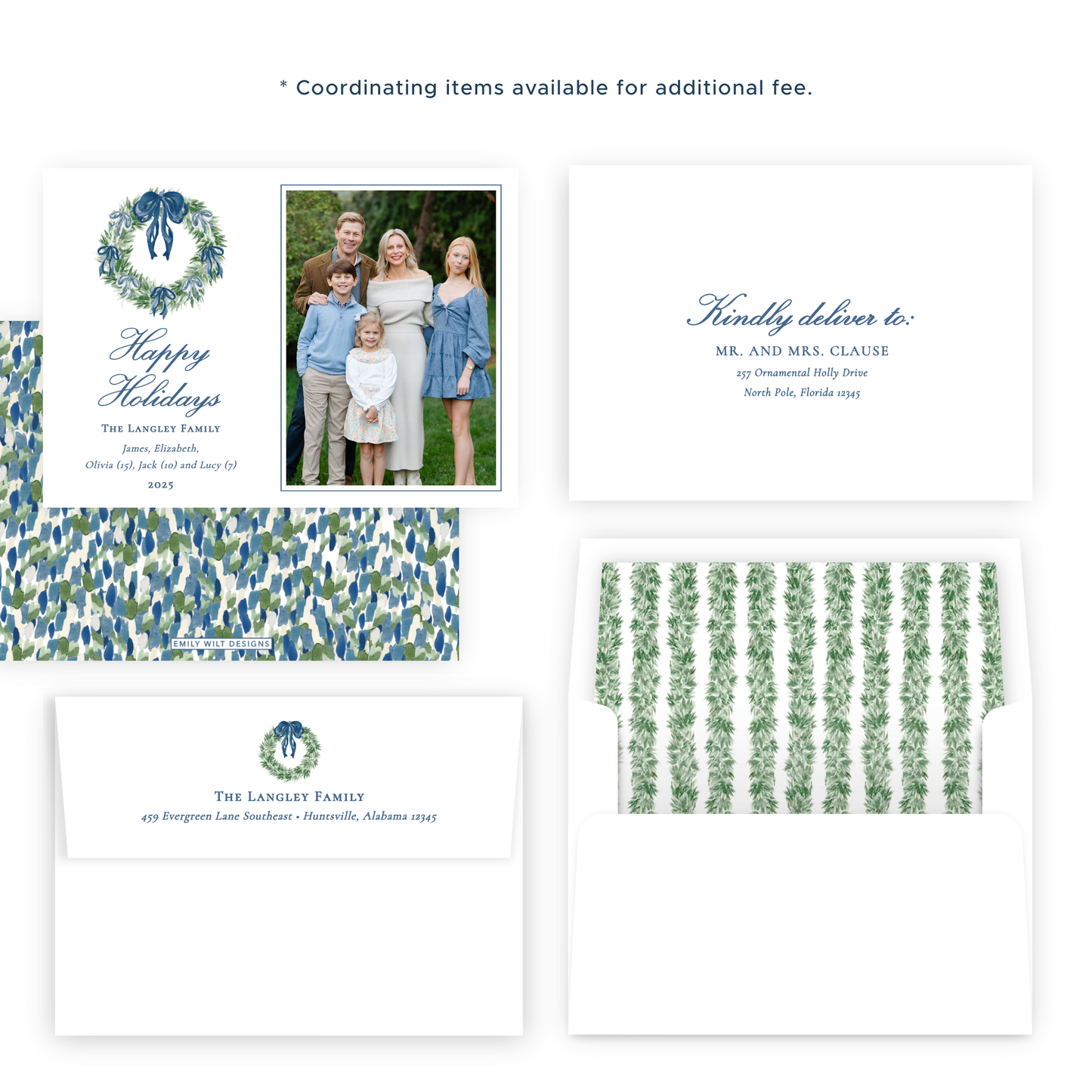 Christmas Photo Card - Tied with a Bow Wreath, Blue - Landscape