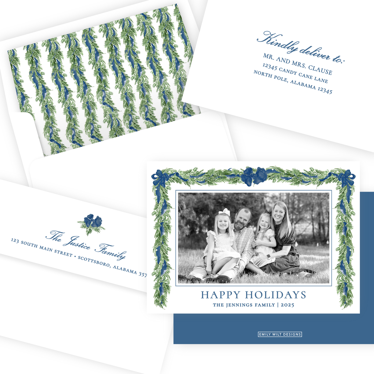 Christmas Photo Card - Big Bow Garland, Navy (Landscape)