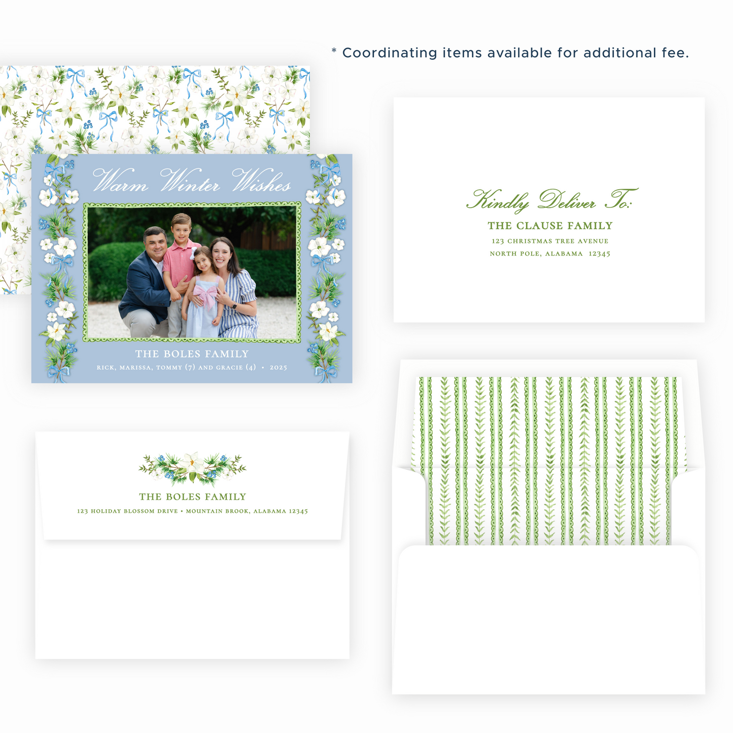 Christmas Photo Card - Holiday Blossoms, Blue - Landscape