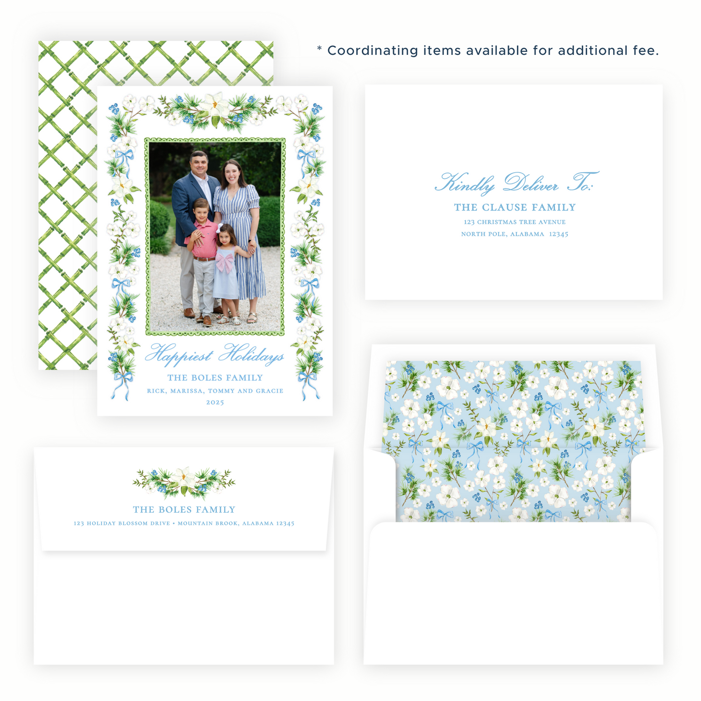 Christmas Photo Card - Holiday Blossoms, Light Blue - Portrait