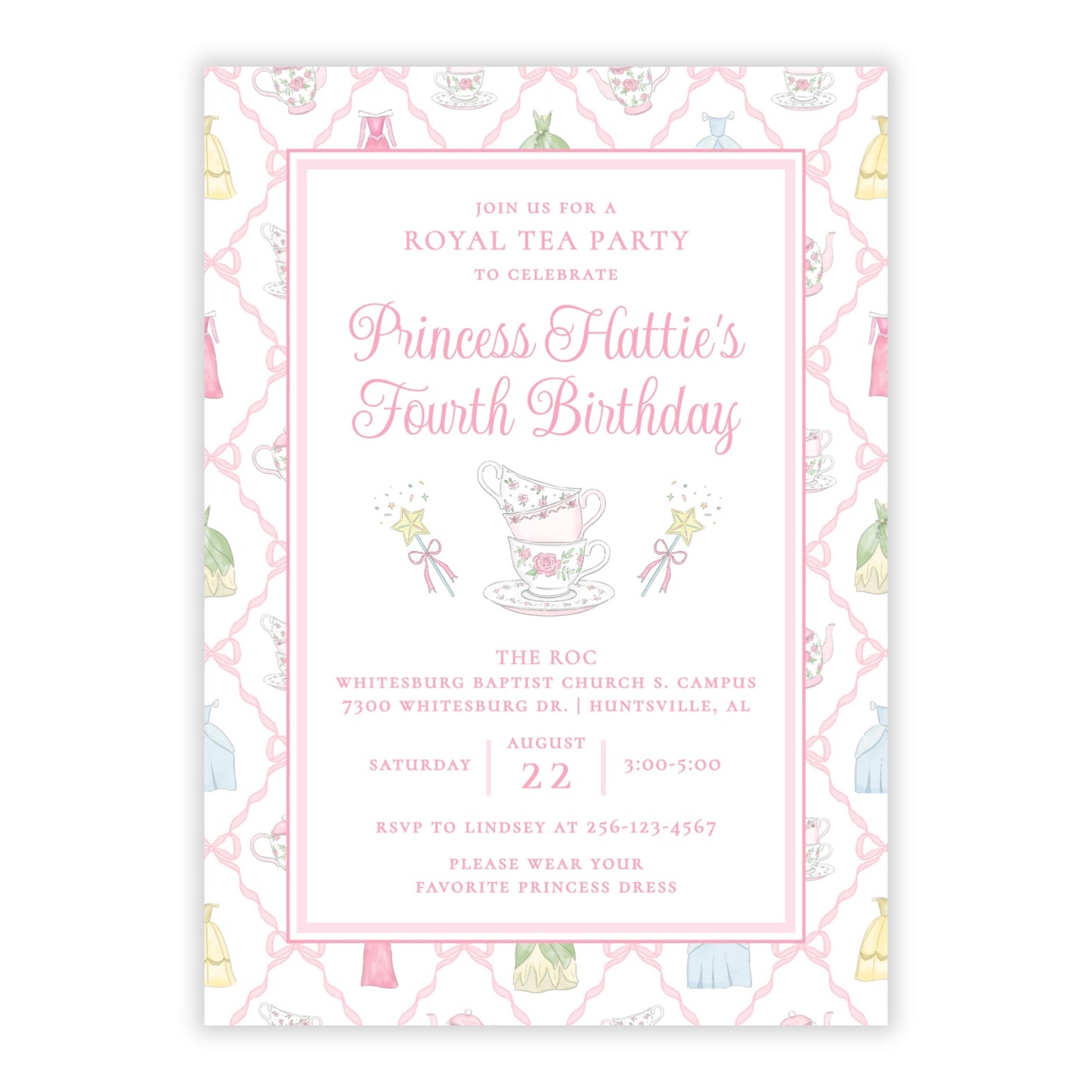 A pink and white tea party themed birthday invitation card fit for a princess, featuring elegant script text, a teacup illustration, and a decorative border with pastel teapot motifs in watercolor style.