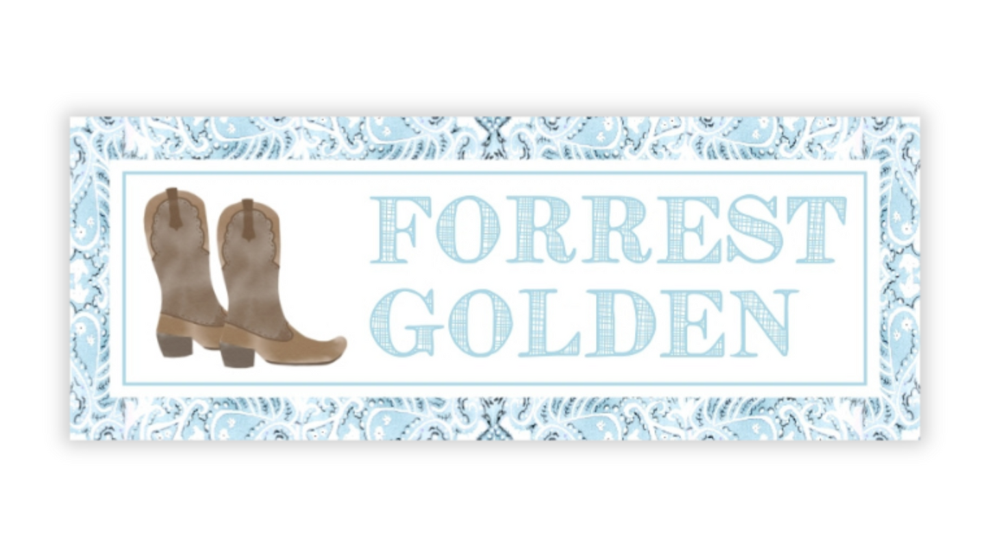 Decorative sign with cowboy boots and 'FORREST GOLDEN' text on a white background
