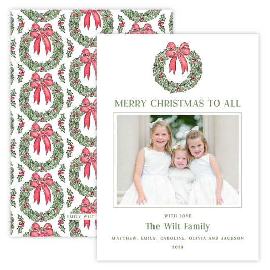 Christmas Photo Card - Preppy Wreath, Red (Landscape Photo)