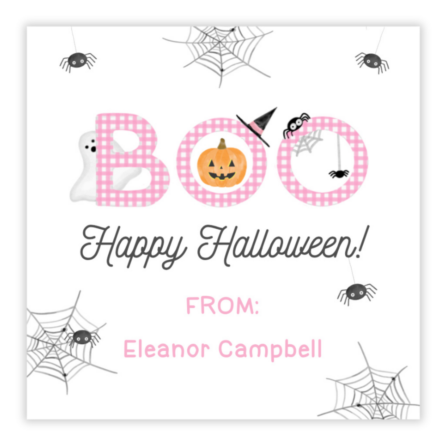 Personalized BOO Halloween favor tag with pink gingham letters, pumpkin, ghost, spider webs, and witch hat. Printed tags with free shipping.