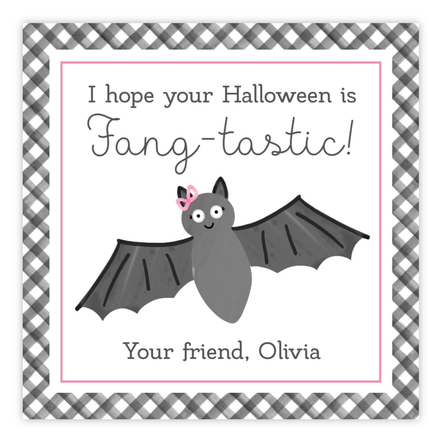 A personalized Halloween gift tag with a watercolor design of a bat, pink background, and customizable text for a friend's name and message.