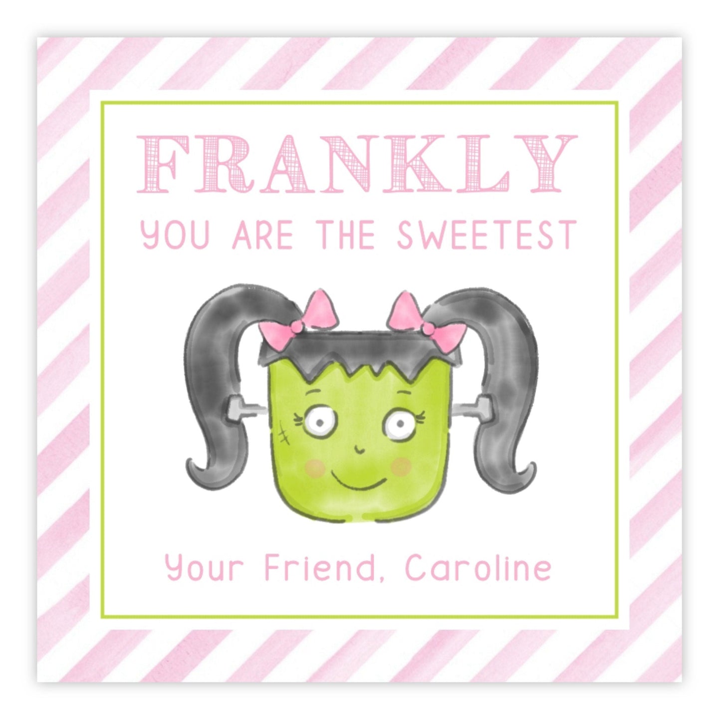 Kids Halloween Tags or Stickers - Frankenstein (Pink)