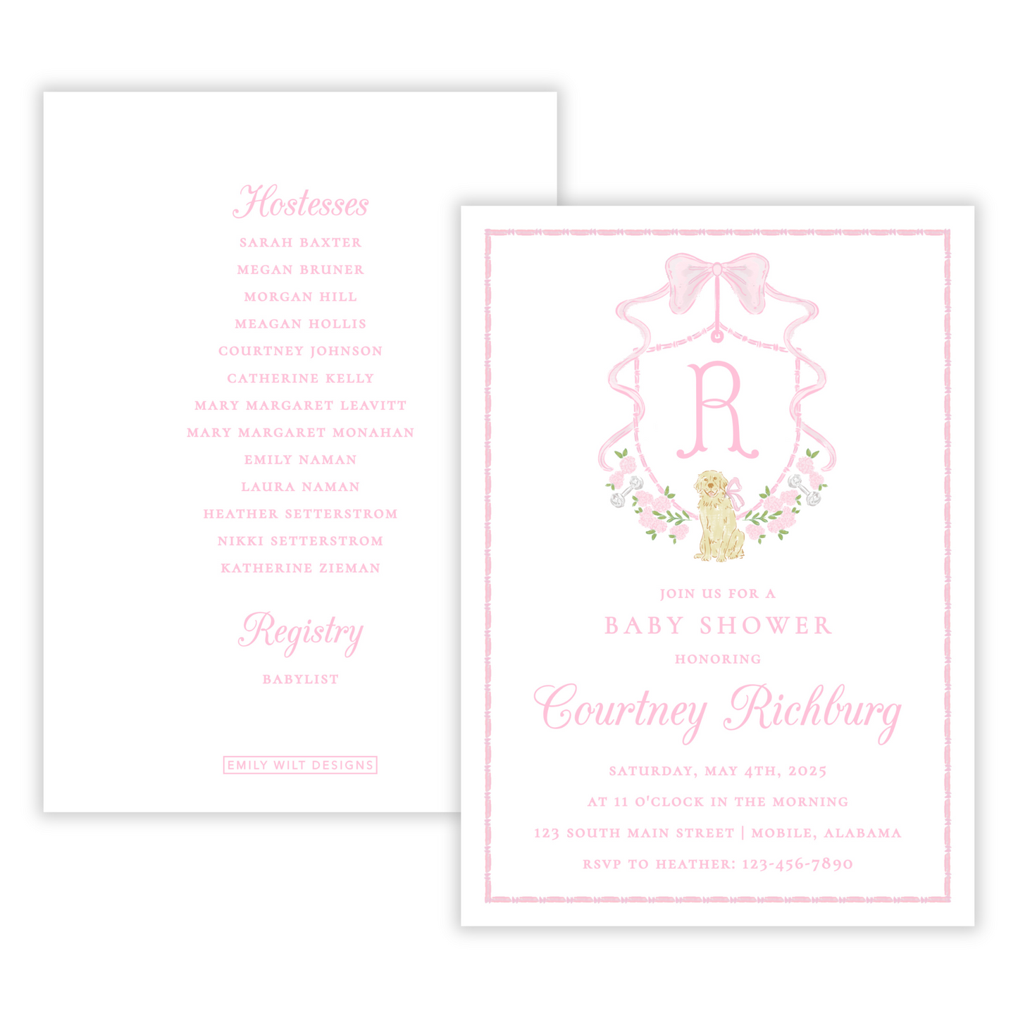 Printed pink baby shower invitation with golden retriever, crest monogram, floral details, and ribbon – free shipping included