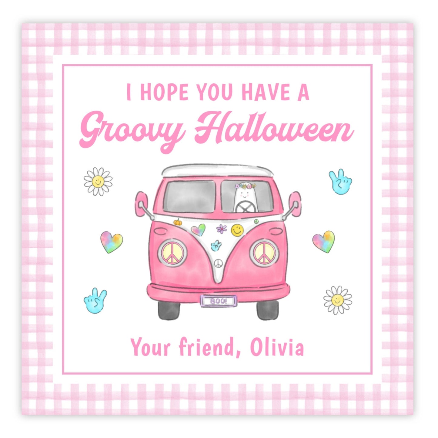 A personalized gift tag with a pink 'Groovy Halloween' van illustration, decorated with flowers, hearts, and a custom message for a friend.