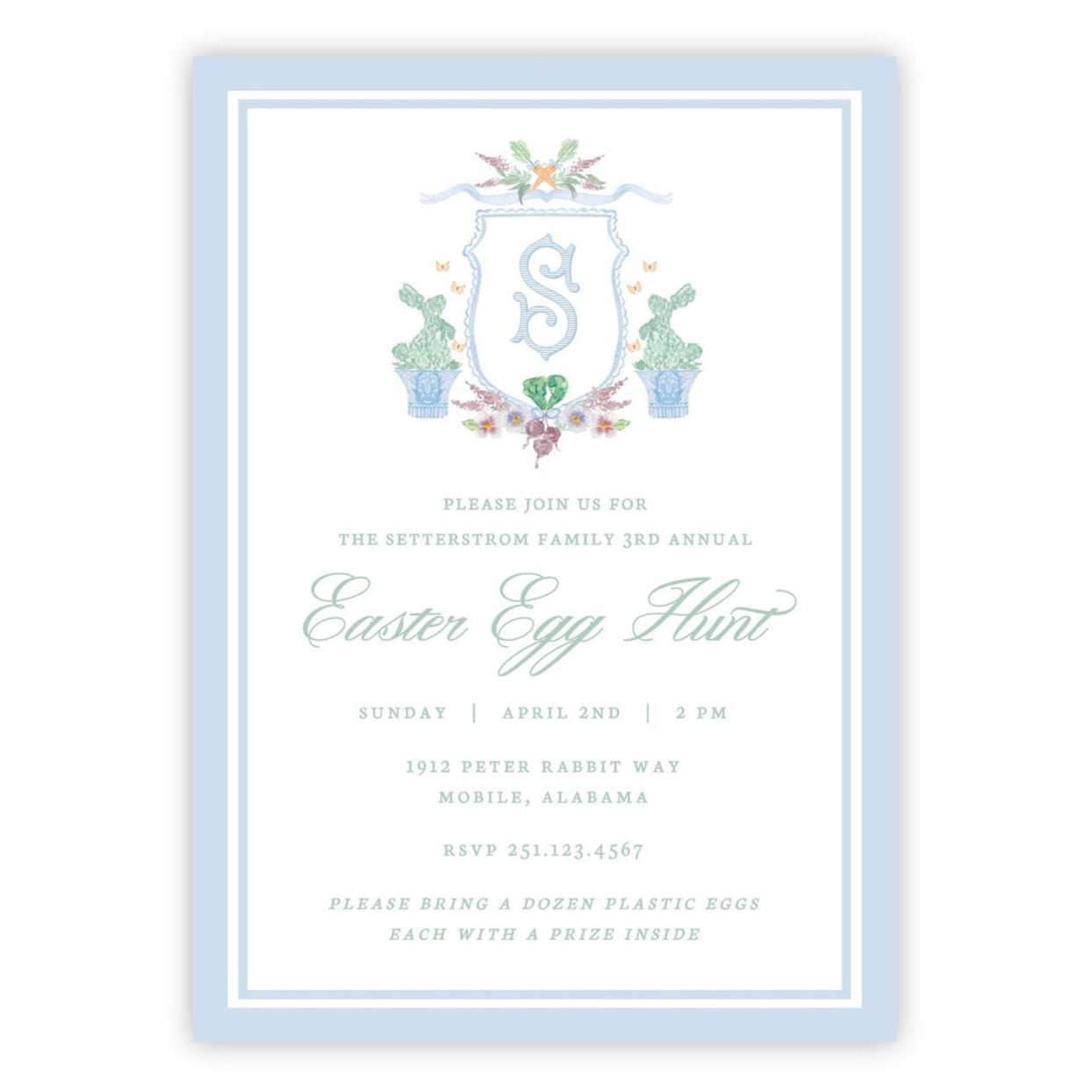 Bunny Topiary Crest Easter Invitations