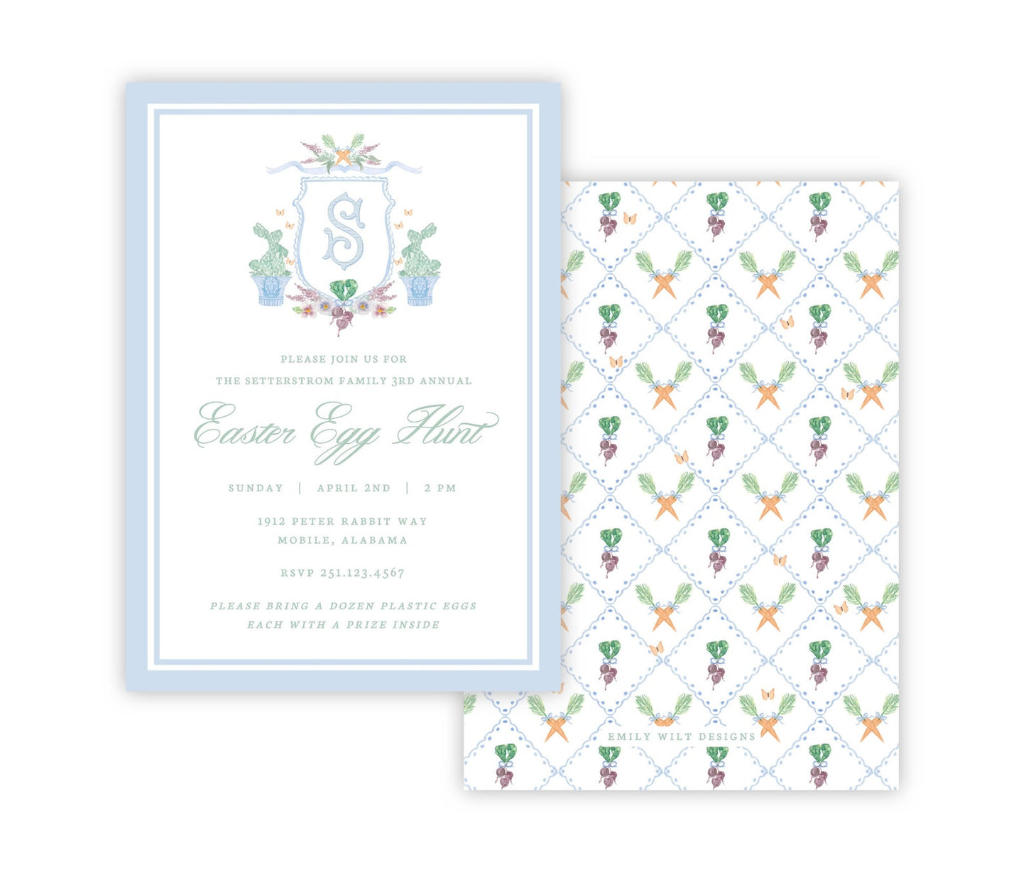 Bunny Topiary Crest Easter Invitations