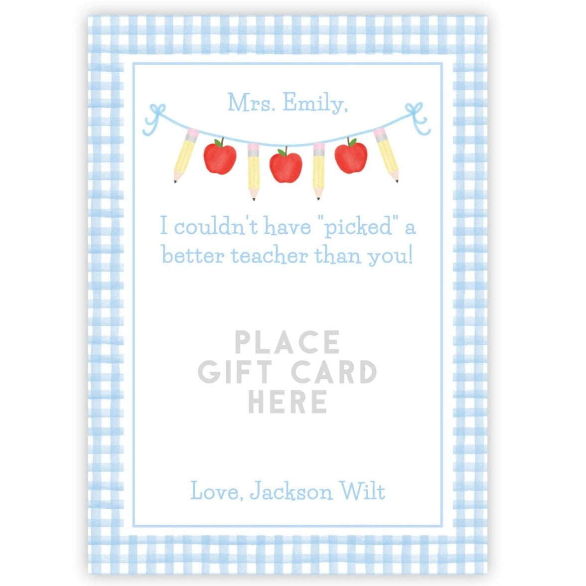 PRINTABLE Teacher Gift Card Holder - Gingham, Blue