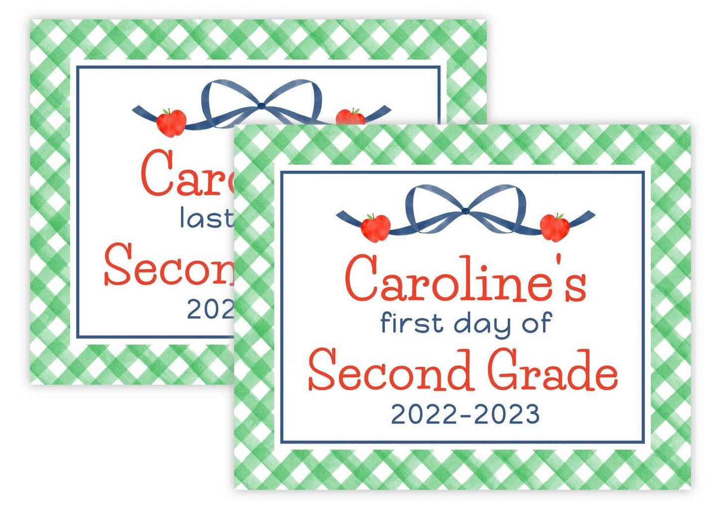 Personalized First & Last Day of School Sign | Double-Sided Photo Prop | Apple Bow (Green)