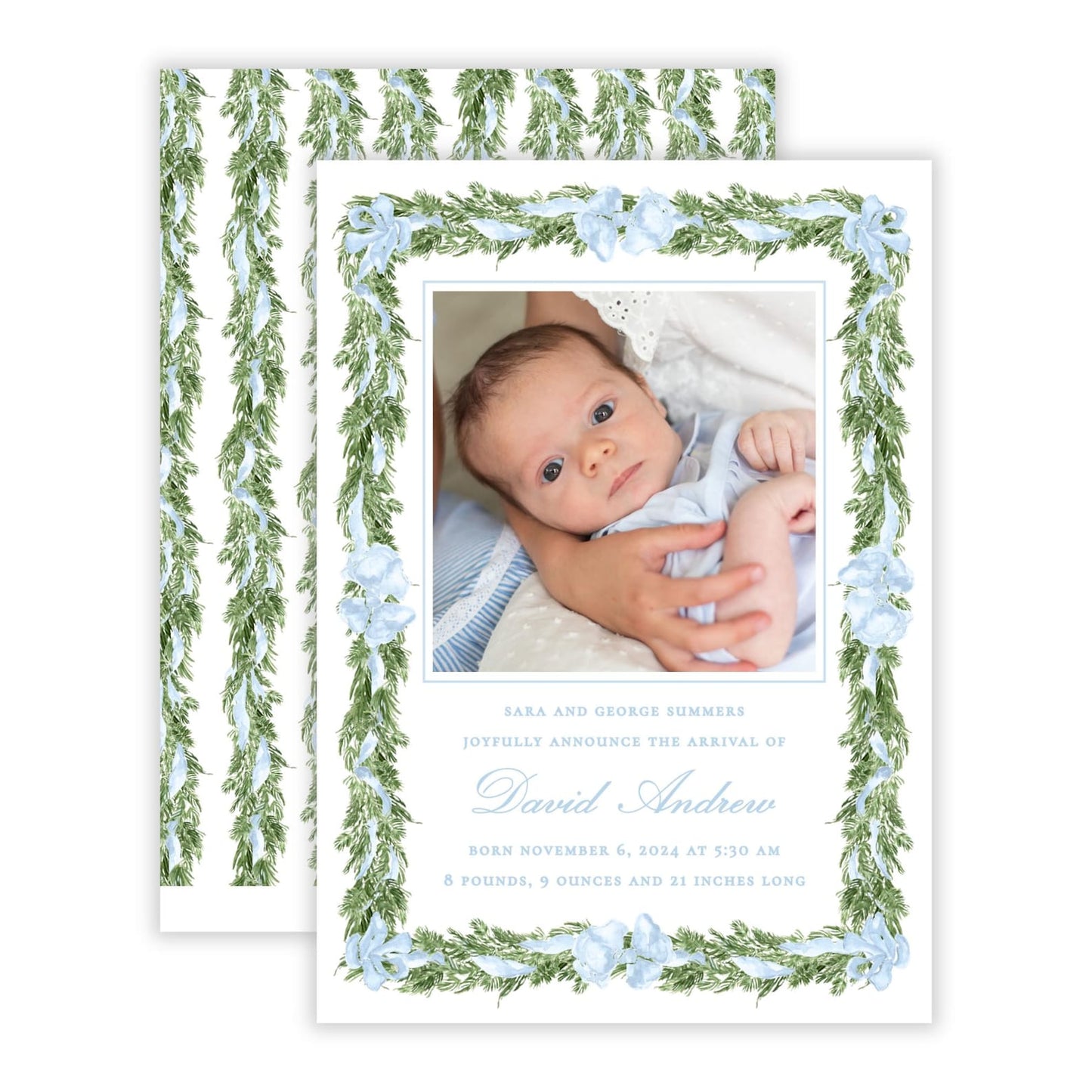 Christmas Photo Card - Big Bow Garland, Blue (Birth Announcement)