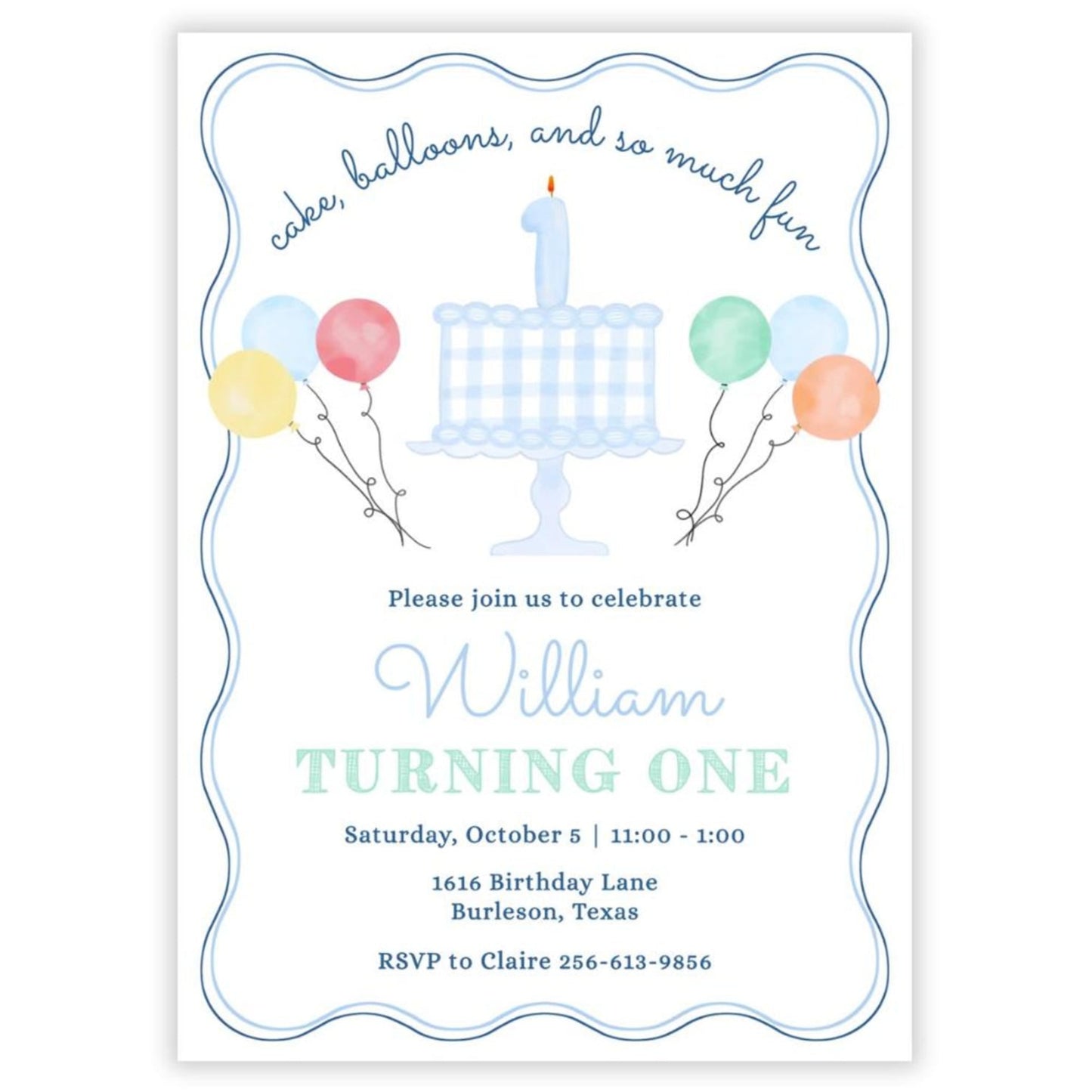 Gingham Cake First Birthday Invitations, Blue