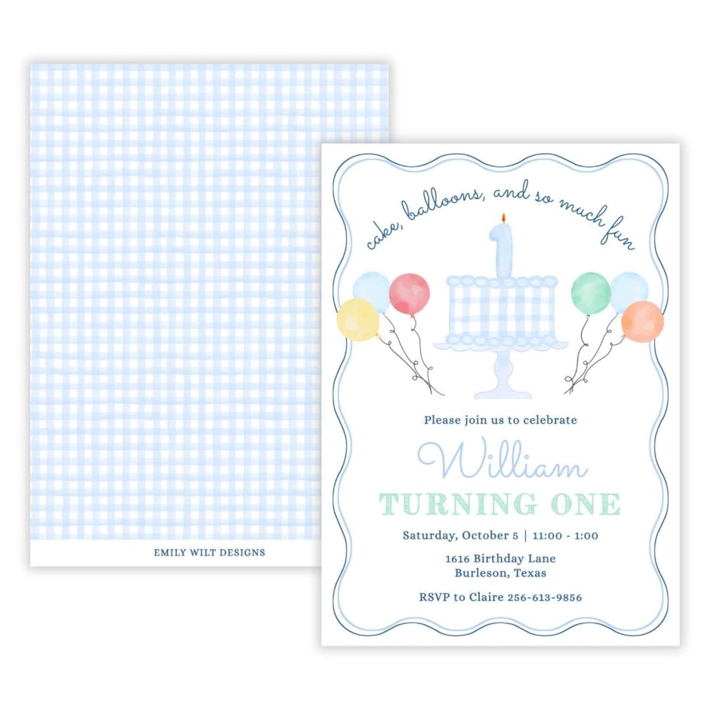 Gingham Cake First Birthday Invitations, Blue