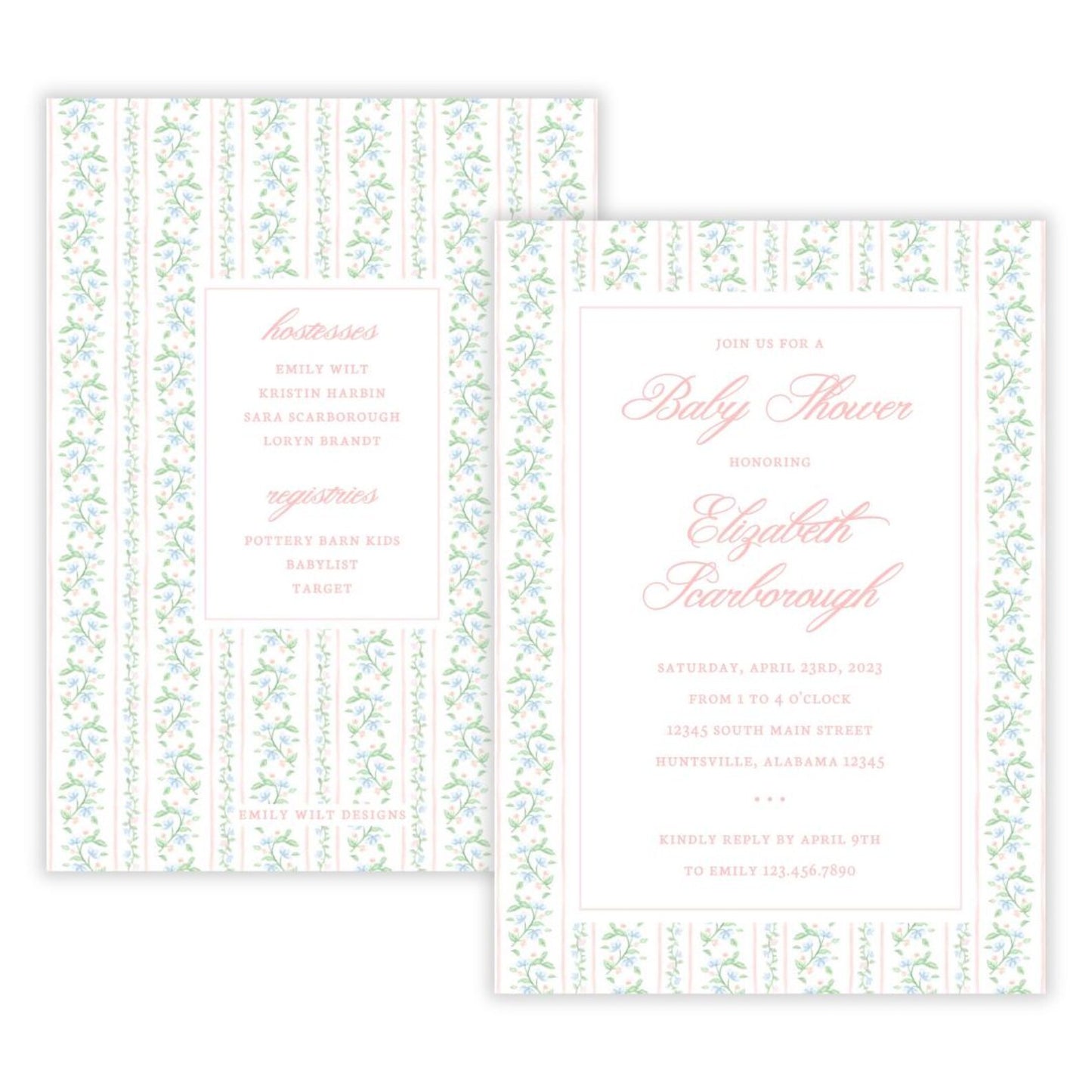 Peach Floral Toile Baby Shower Invitations