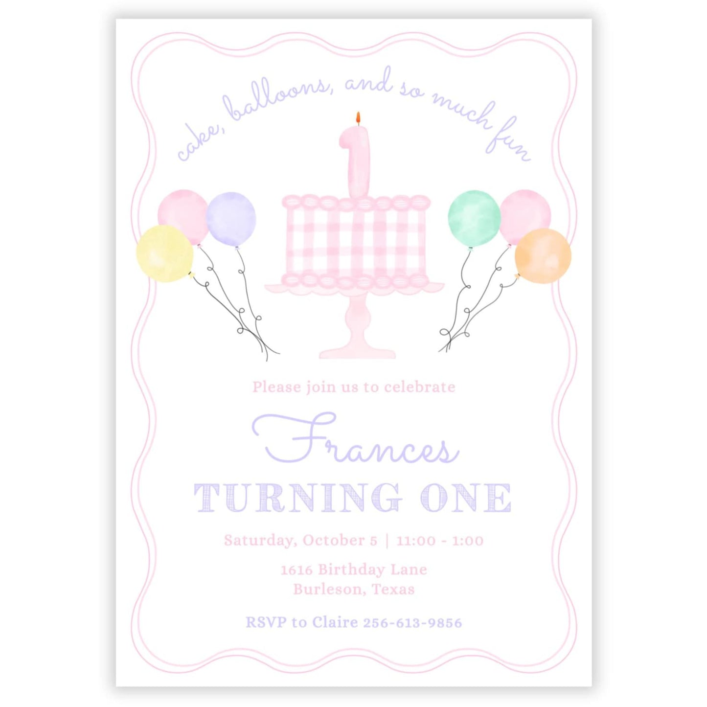 Gingham Cake First Birthday Invitations, Pink