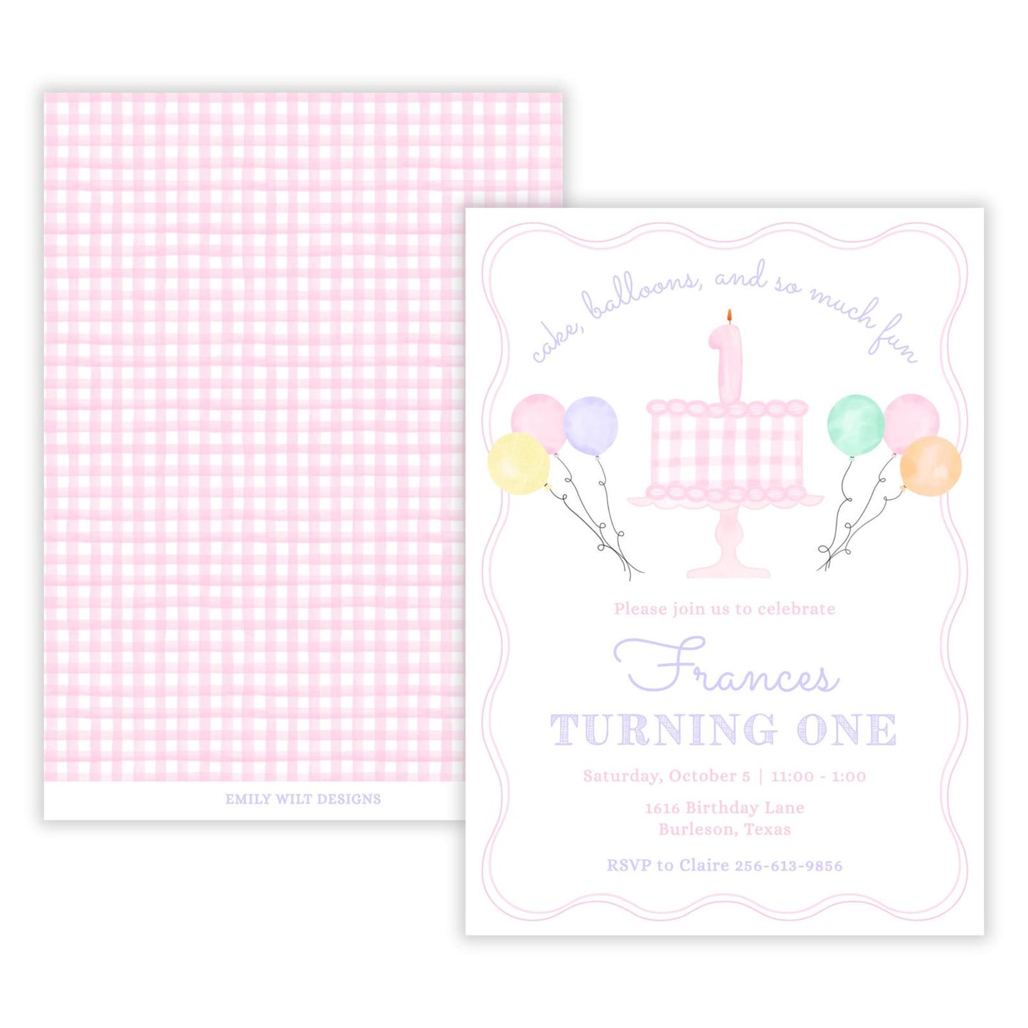 Gingham Cake First Birthday Invitations, Pink