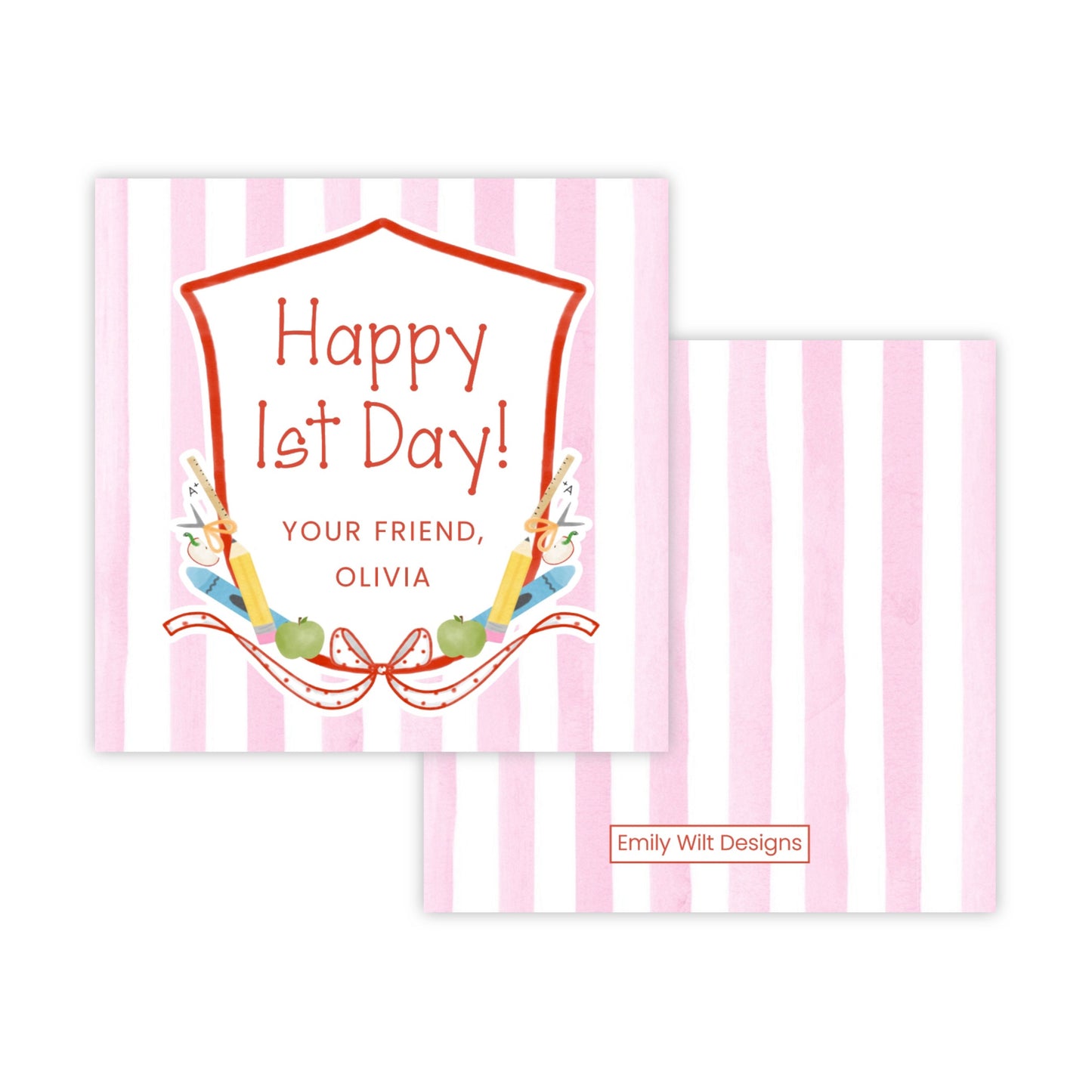 Back to School Gift Tag - Happy 1st Day Crest, Pink