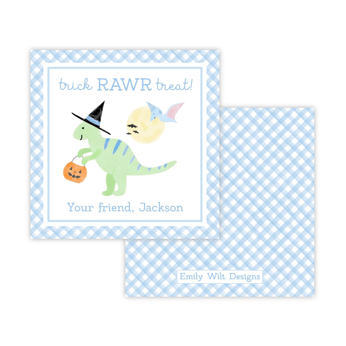 Kids Halloween Tags or Stickers - Dinosaur (Blue)