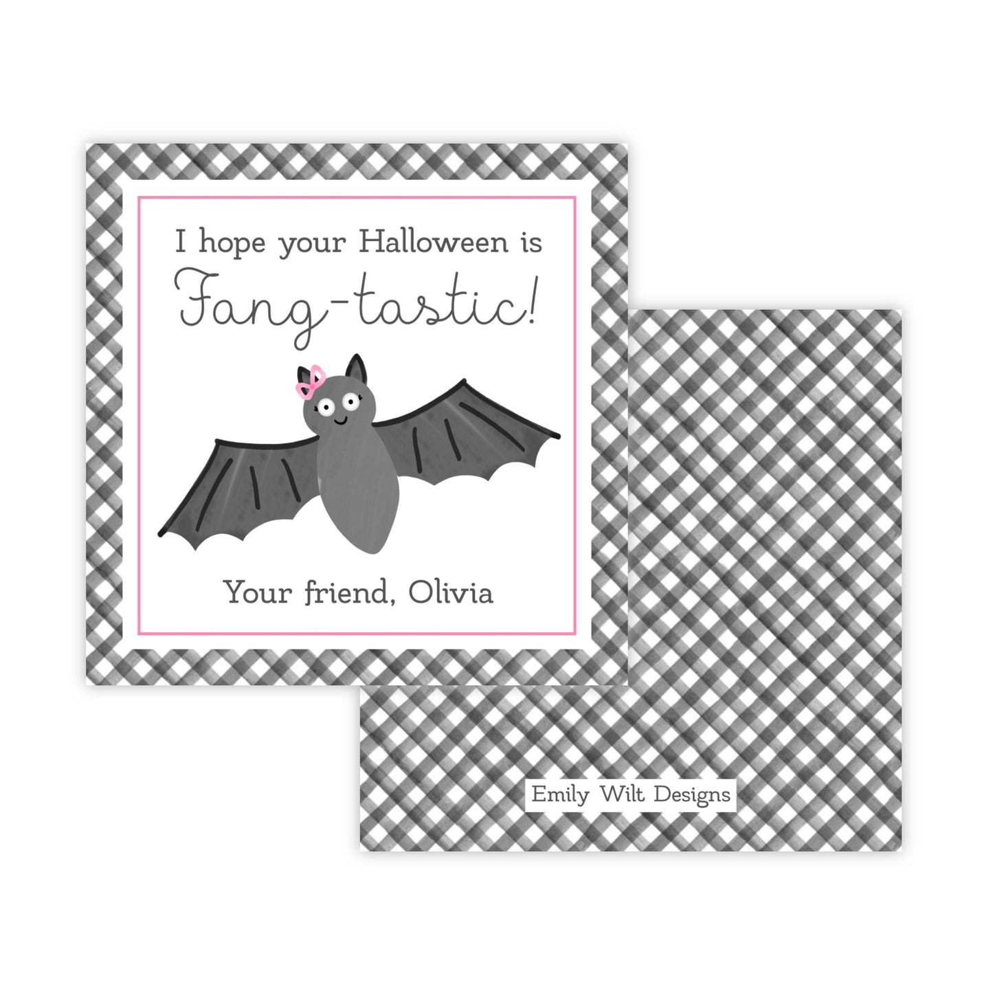 Kids Halloween Tags or Stickers - Bat (Pink)