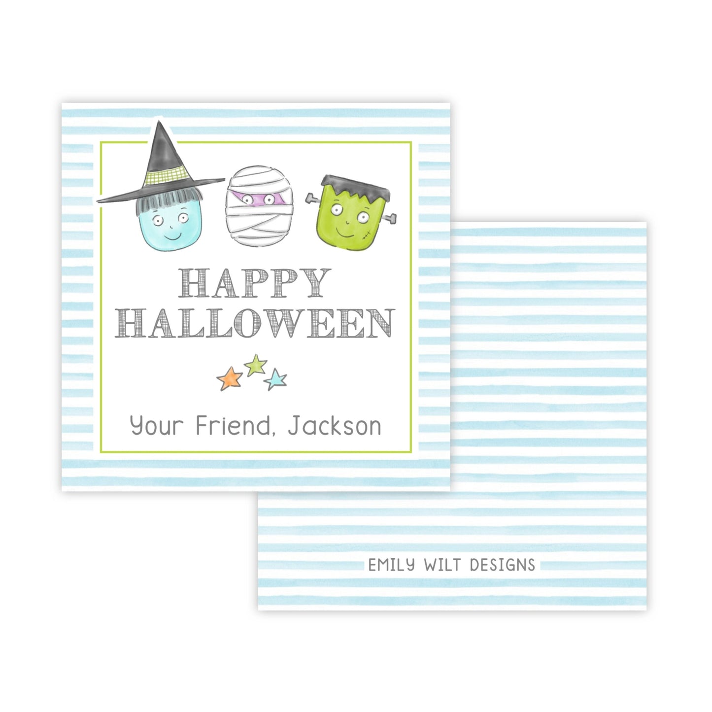 Kids Halloween Tags or Stickers - Monsters (Blue)