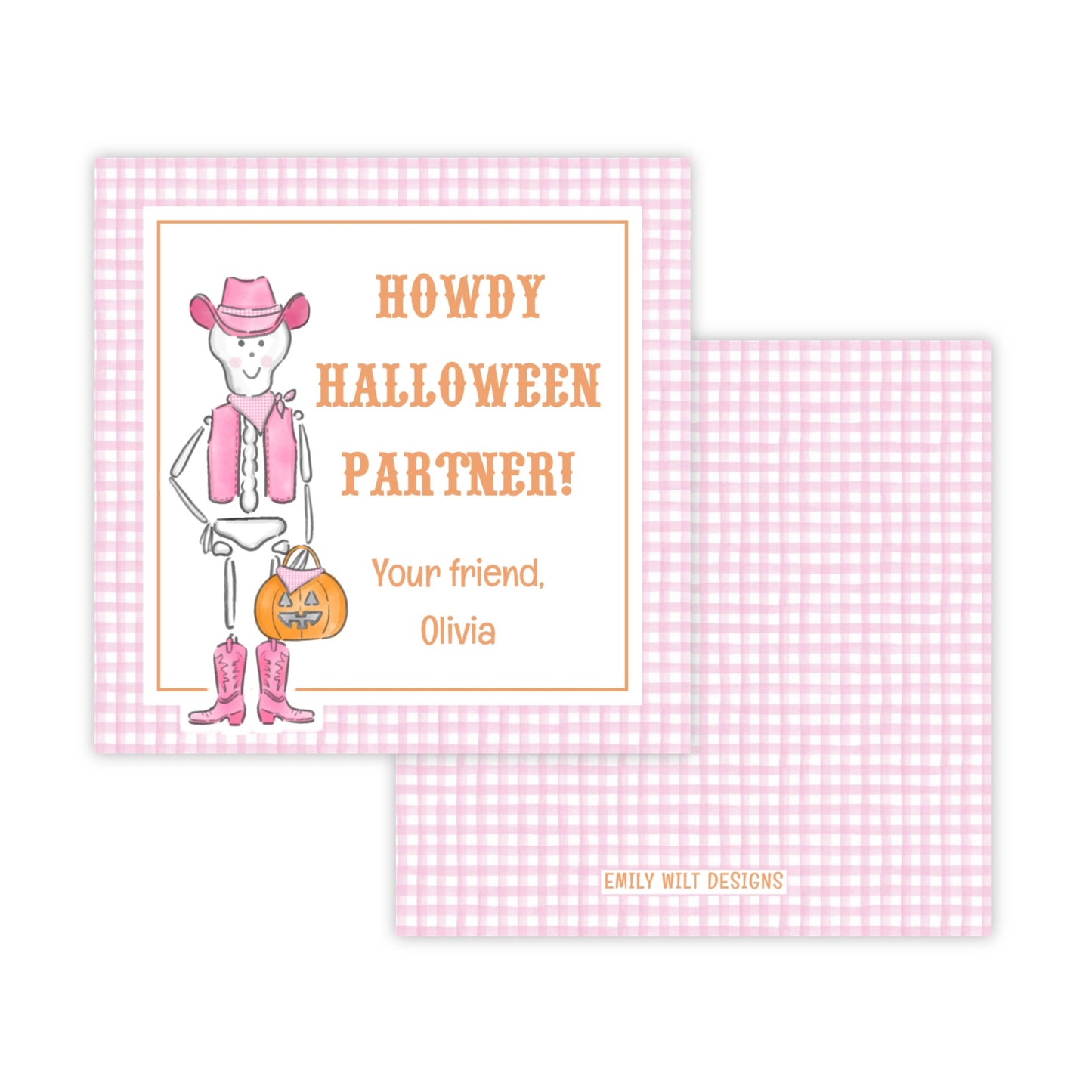 Kids Halloween Tags or Stickers - Howdy Skeleton (Pink)