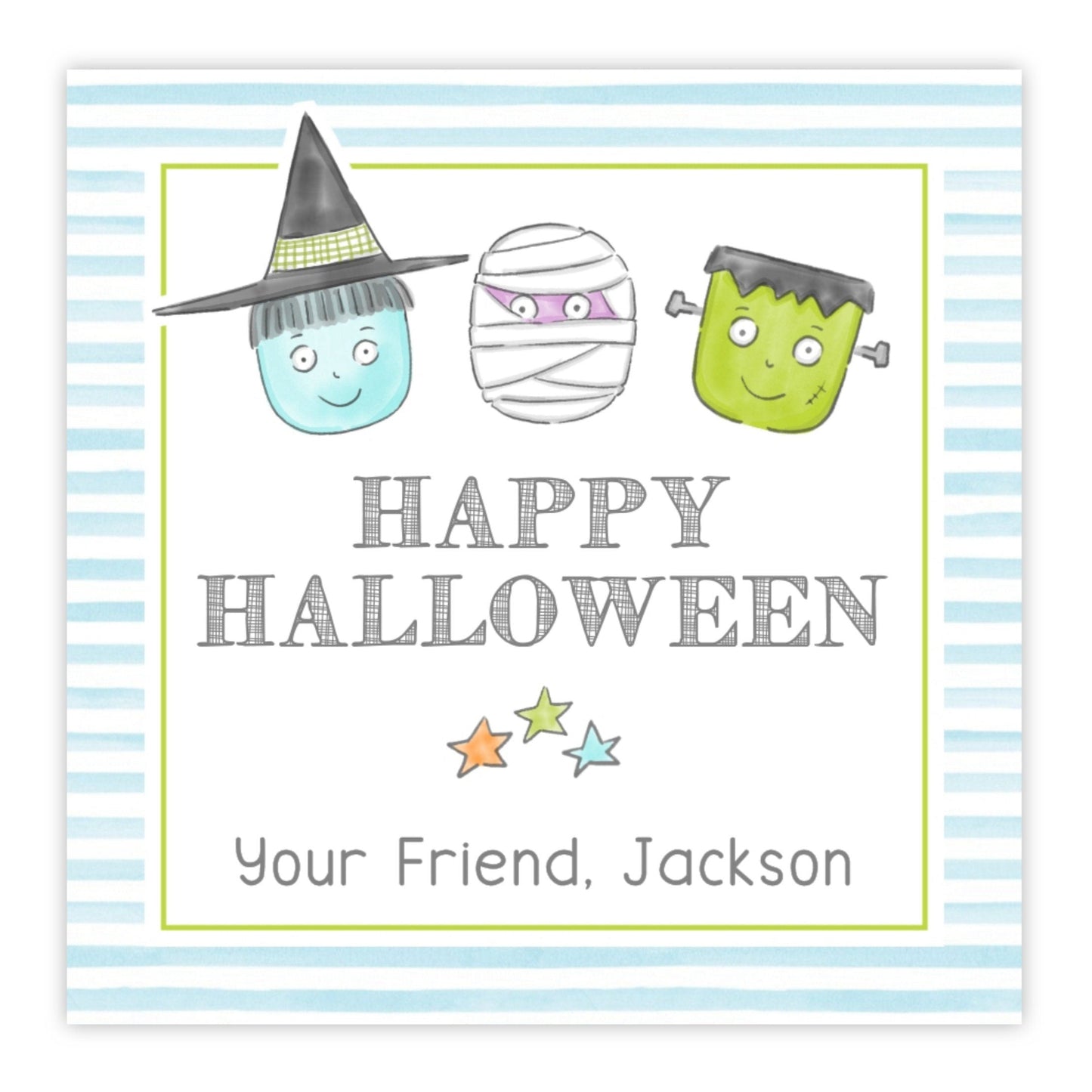 kids halloween gift tag featuring a blue stripe border and watercolor images of monsters with the text "happy halloween" and personalized with your name