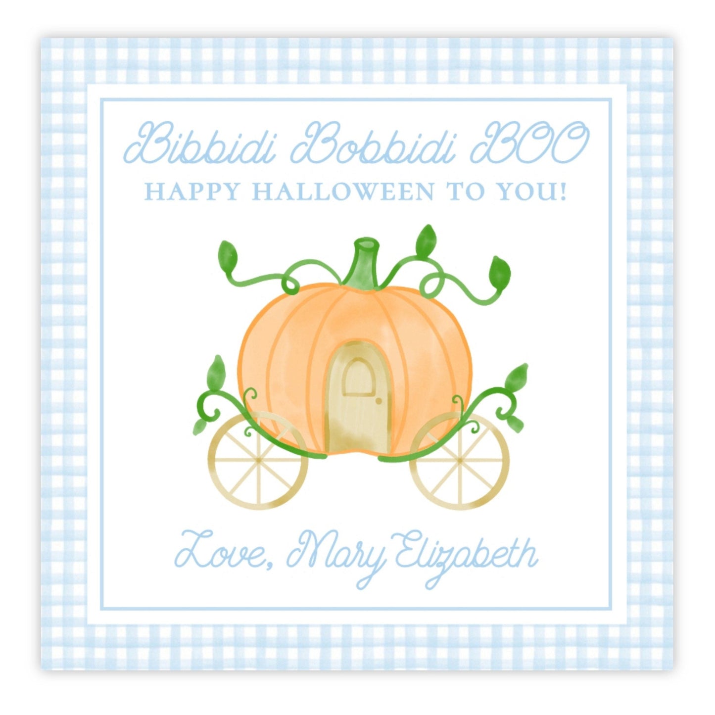 A personalized Halloween gift tag with a blue checkered background featuring an illustration of a pumpkin with 'Bibbidi Bobbidi BOO' text, and personalized greetings for 'Mary Elizabeth'.