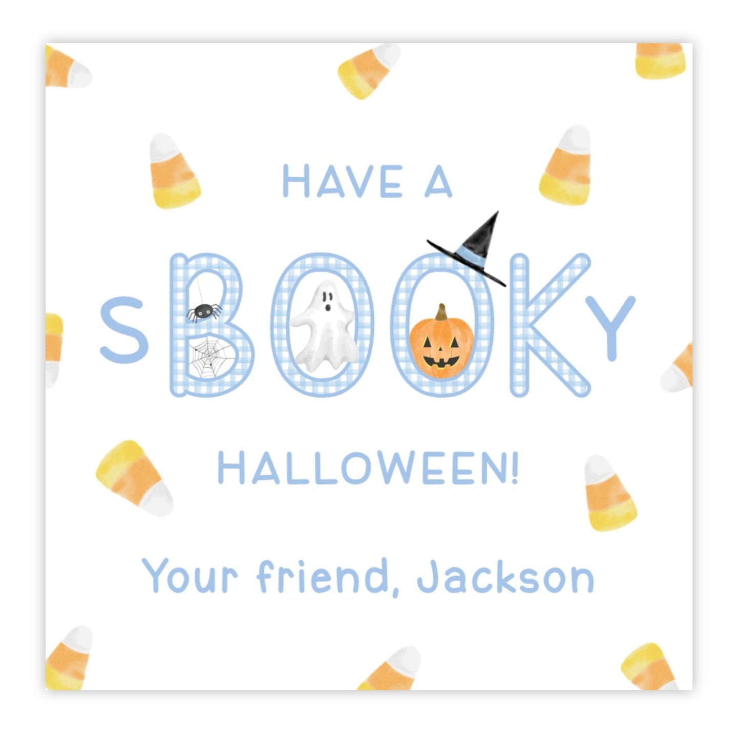 kids halloween tags or stickers featuring watercolor artwork with a candy corn background. text says "boo" with a gingham print and is decorated with halloween themed motifs. Signed with your name.
