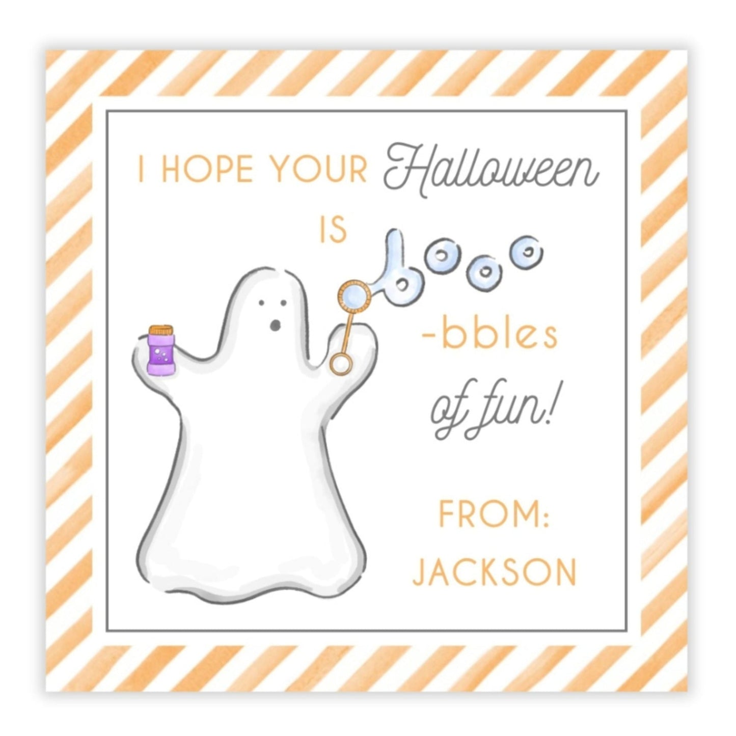 kids halloween tag featuring a ghost blowing bubbles