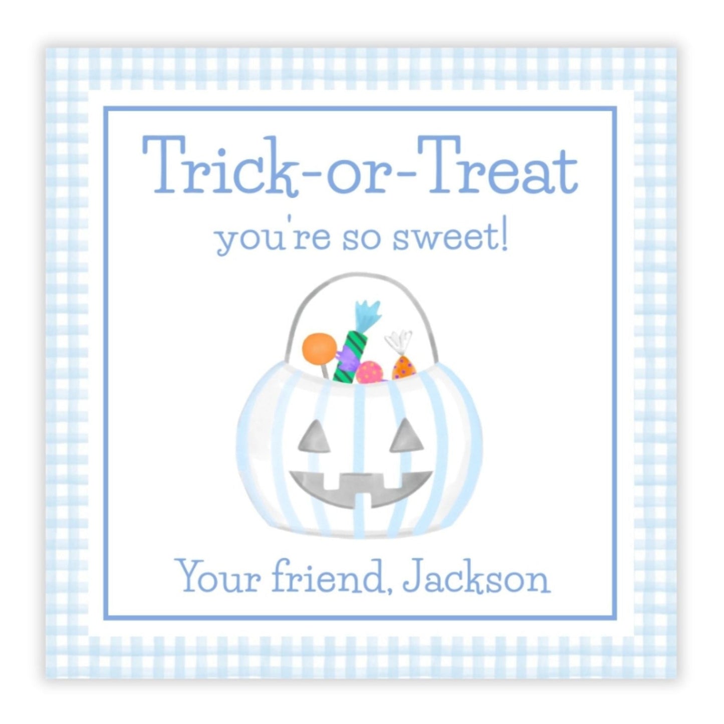 A personalized Halloween gift tag with a blue checkered background, featuring a watercolor illustration of a candy bucket with 'Trick or Treat' text and a personalized message for 'Jackson'.