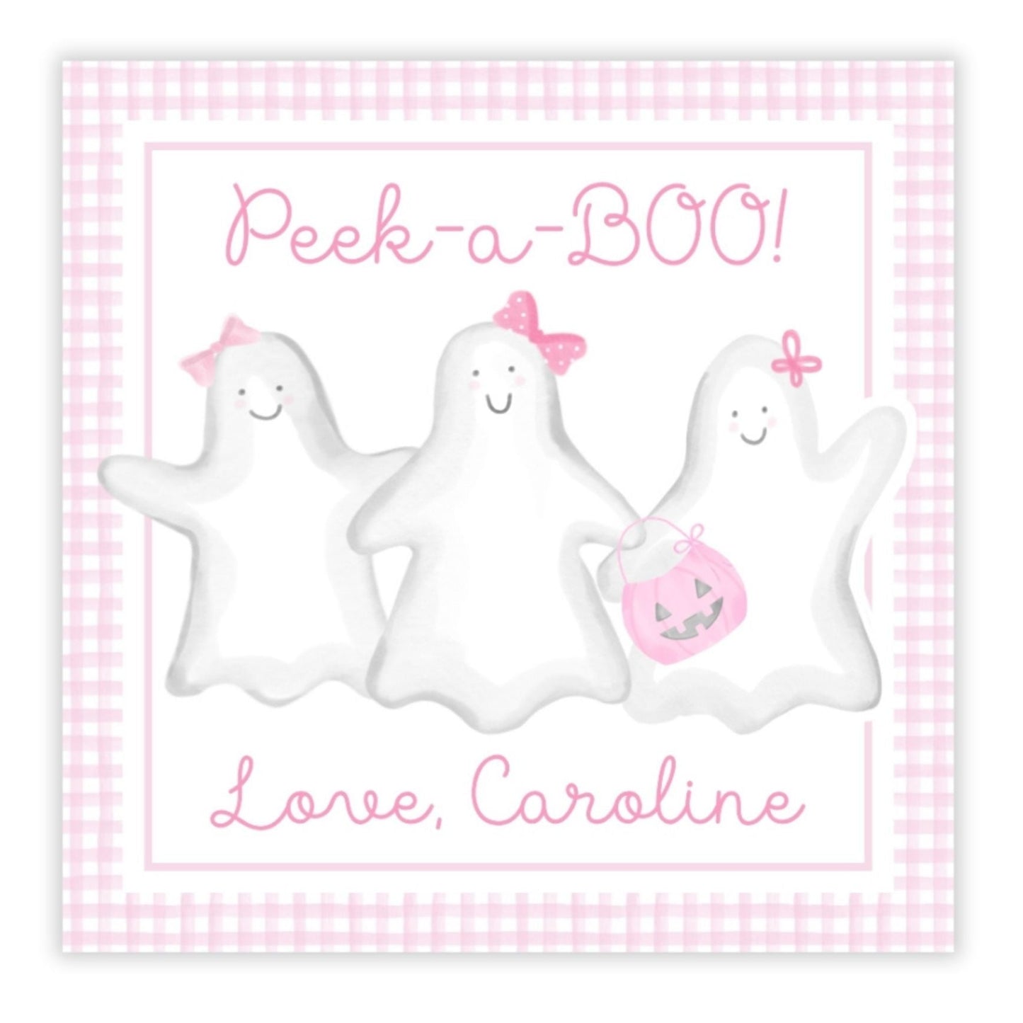 A personalized gift tag with a pink checkered background featuring three white ghost illustrations with pink accents and the ability to add a name and message.
