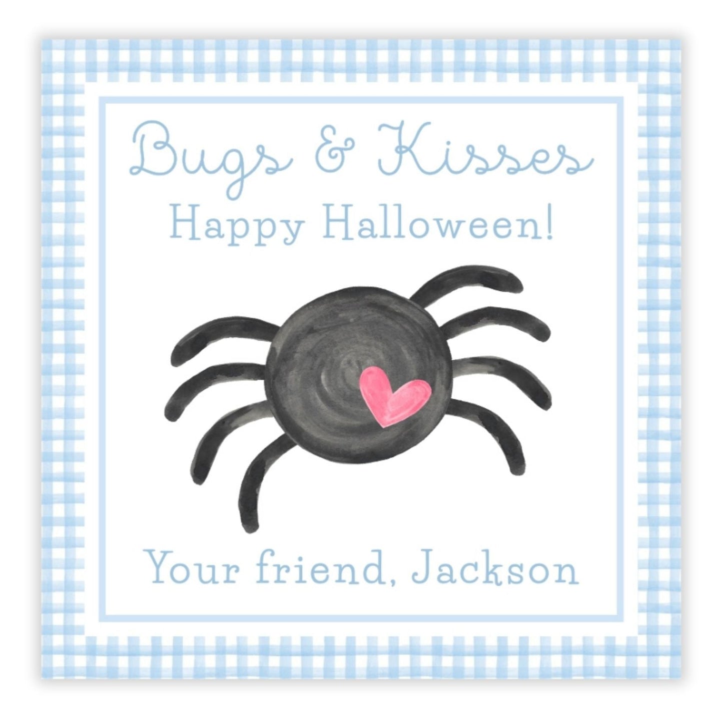 A personalized Halloween gift tag with a watercolor illustration of a spider and the text 'Bugs & Kisses: Happy Halloween!' along with a personalized message for 'Jackson'.