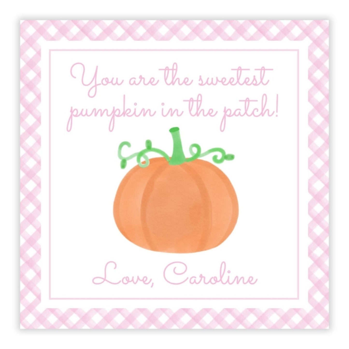 A personalized gift tag with a watercolor design of a pumpkin, customized with a name and message.