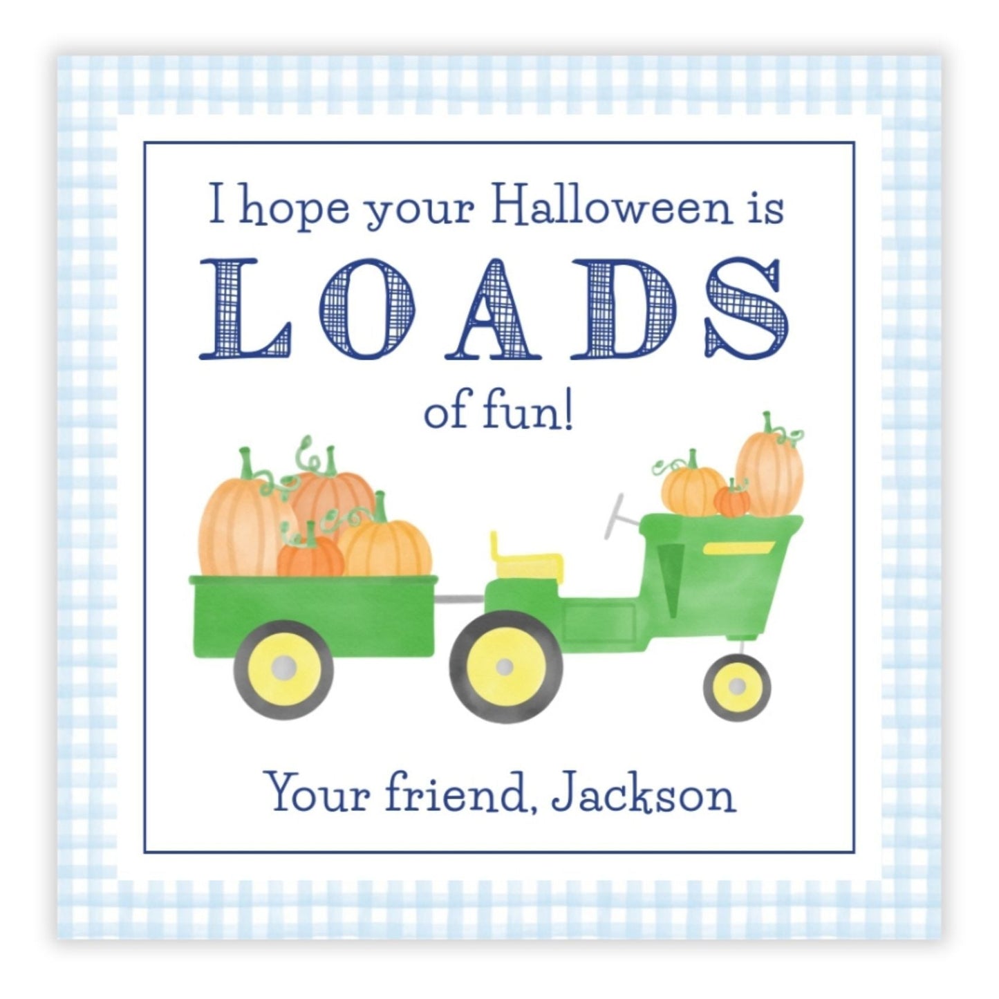 A personalized Halloween gift tag featuring a watercolor illustration of a tractor with pumpkins, and customizable text for a name and message.