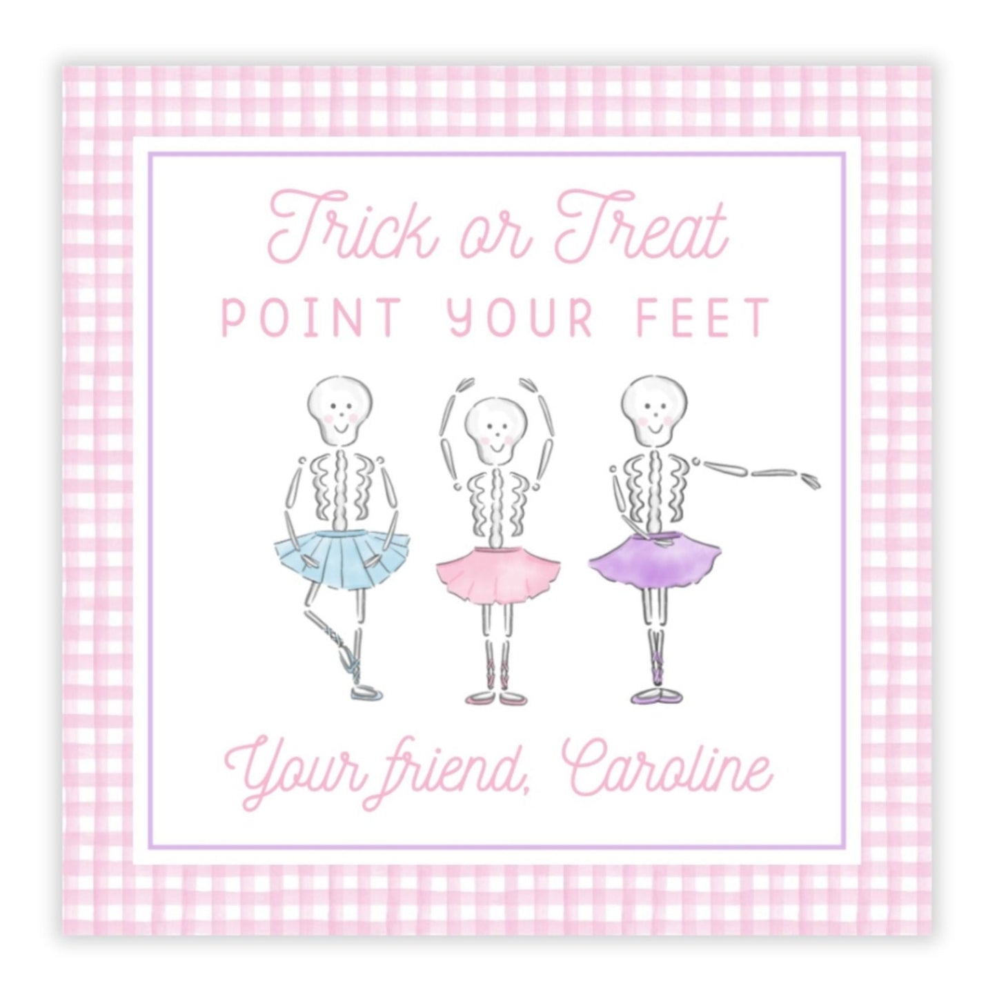 kids halloween tags or stickers featuring ghosts dressed in tutus to look like ballerinas with the saying "Trick or Treat Point Your Feet"
