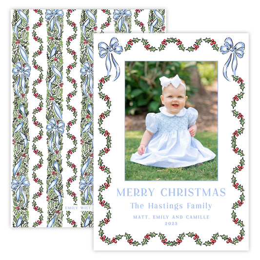 Christmas Photo Card - Festive Holly, Blue (Portrait)