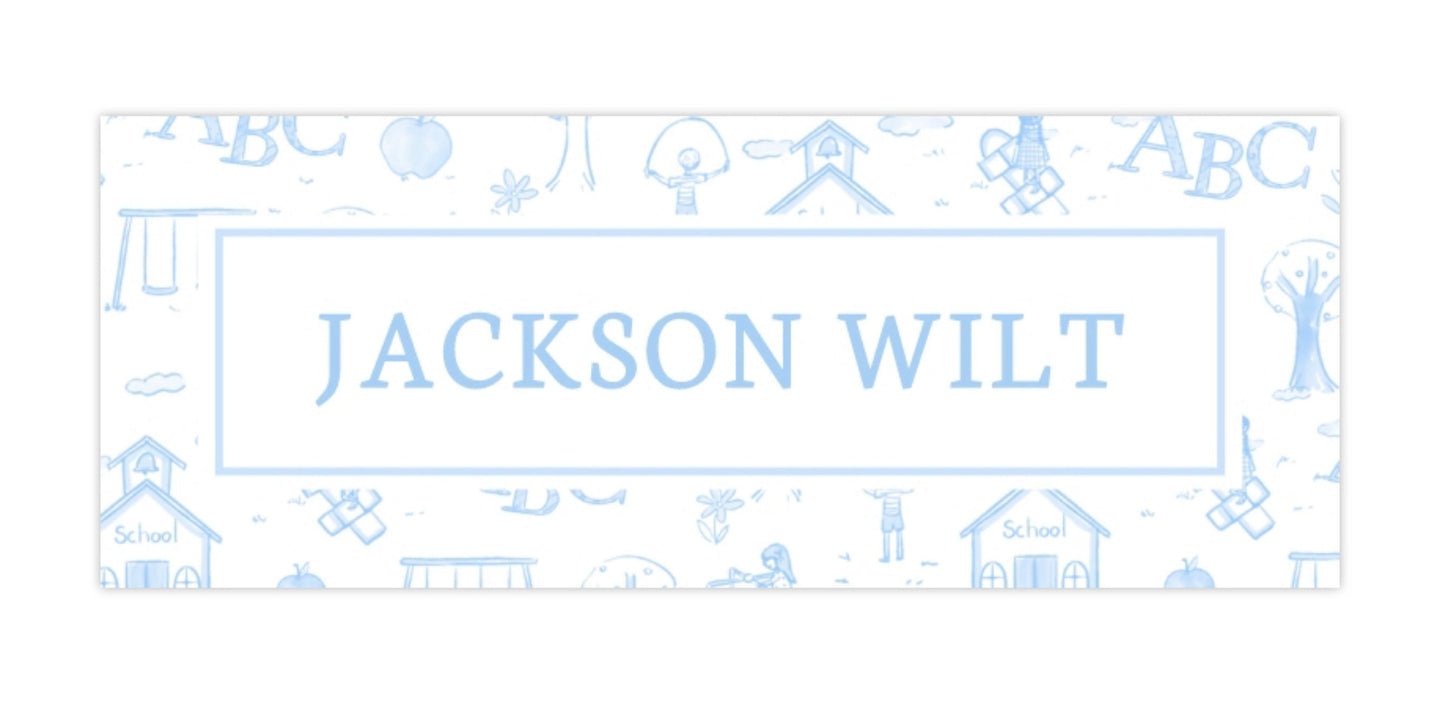Personalized Water-Resistant Name Labels for School Supplies | 60 Pack (1x2.625") | Blue School Toile