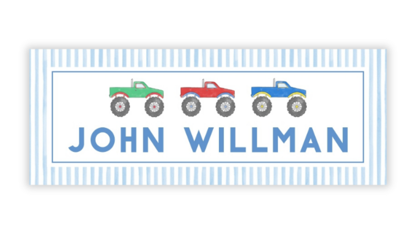 Personalized Water-Resistant Name Labels for School Supplies | 60 Pack (1x2.625") | Monster Trucks
