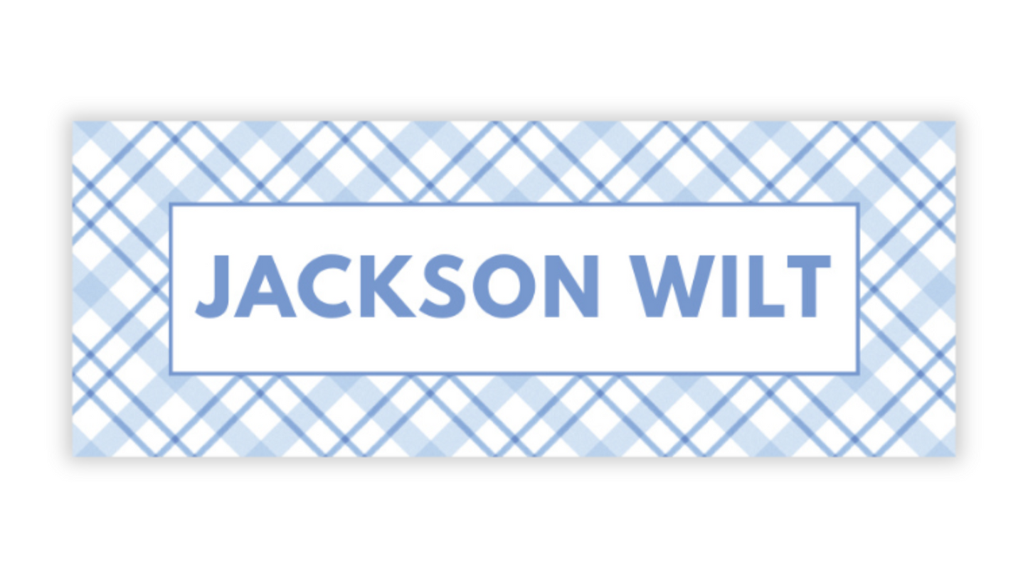 Personalized Water-Resistant Name Labels for School Supplies | 60 Pack (1x2.625") | Blue Plaid