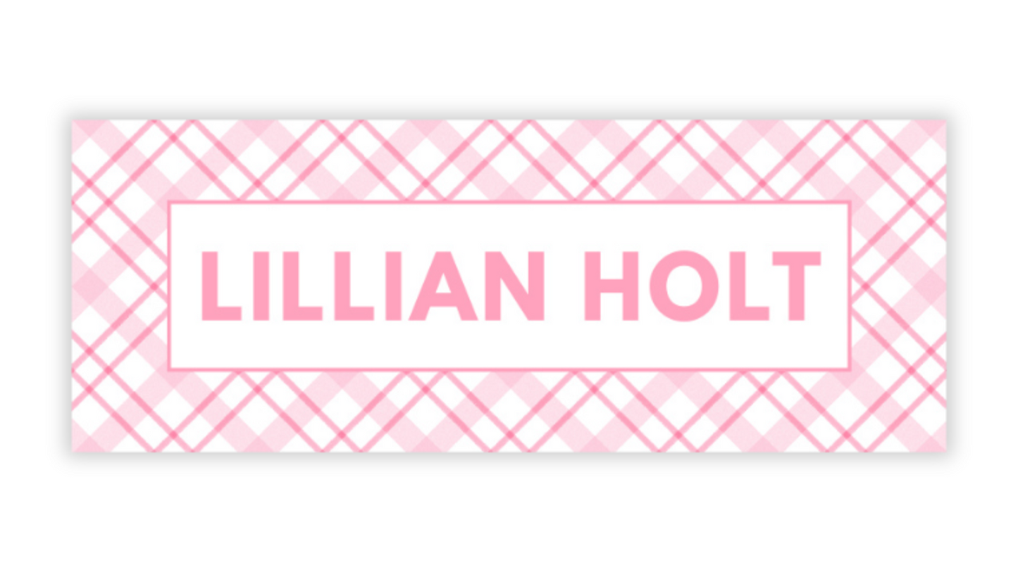 Personalized Water-Resistant Name Labels for School Supplies | 60 Pack (1x2.625") | Pink Plaid