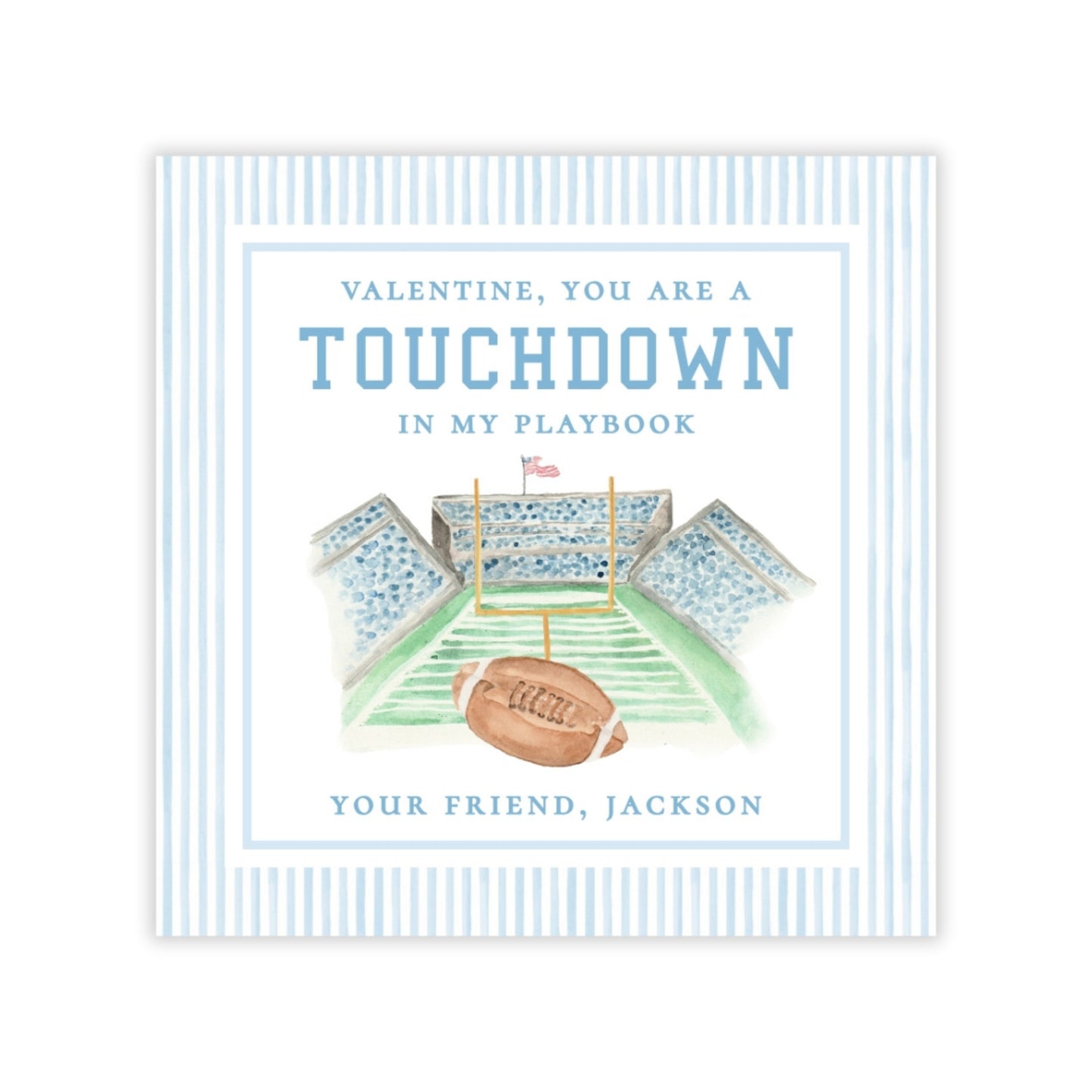 The image is a book cover for "Valentine, You Are a Touchdown in My Playbook" by Jackson, featuring a football field and a football.
